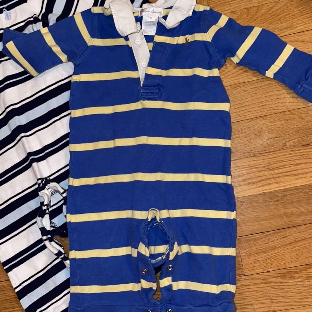 Ralph Lauren Kids Striped Polo Rompers in Blue, Yellow & White